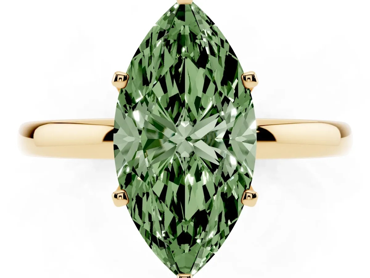 Fancy Green Marquise Cut Solitaire Diamond Ring with Six-Prong Setting on a Classic Band Yellow gold
