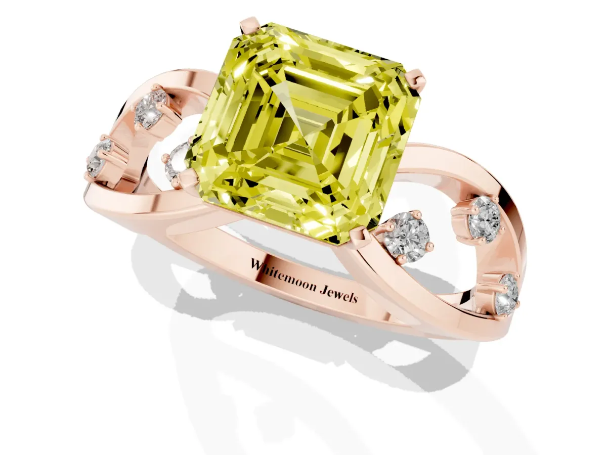 Fancy Yellow Asscher Cut Cut Solitaire Diamond with Side Stones on Criss-Cross Band and Four-Prong Setting Rose gold