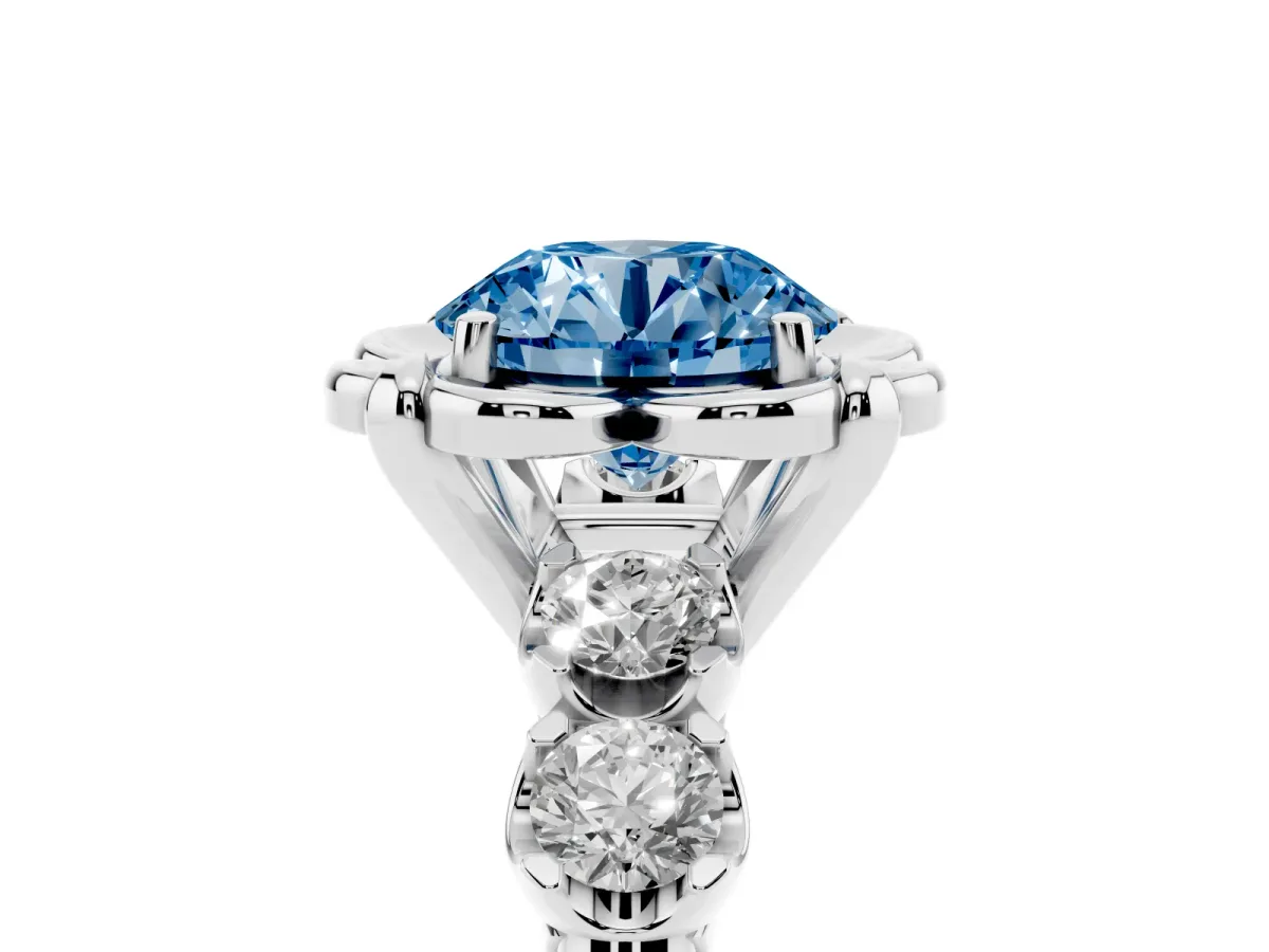 Fancy Blue Round Cut Cut Diamond Floral Halo Engagement Ring with Shared Prong Setting Silver