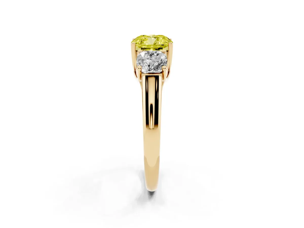 Fancy Yellow Three-Stone Cushion Cut Diamond Engagement Ring with Prong Setting Yellow gold