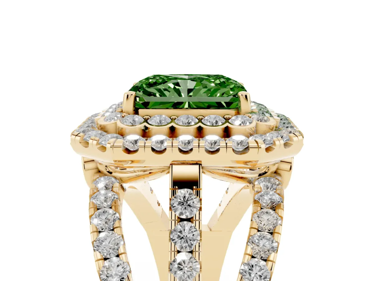 Fancy Green Radiant Cut Diamond Double Halo Ring with Round Pavé Split Shank and Prong Setting Yellow gold