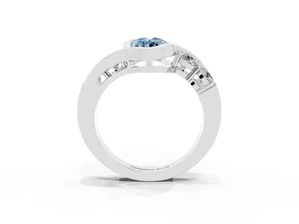 Fancy Blue Bezel Set Marquise Cut Diamond Bypass Ring with Round Accents Silver