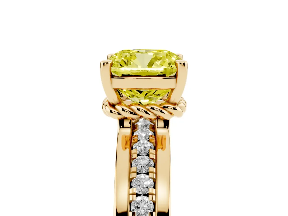 Fancy Yellow Cushion Cut Solitaire Diamond Ring with Channel Set Band and Six-Prong Setting Yellow gold