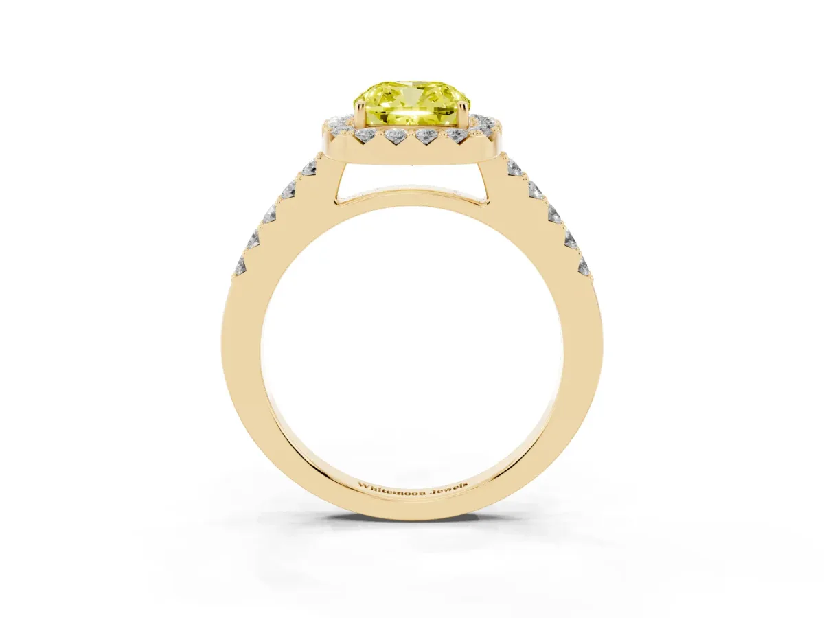 Fancy Yellow Cushion Cut Halo Diamond Pavé Solitaire Ring Yellow gold