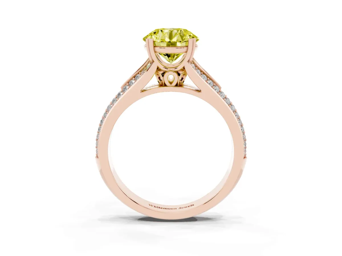 Fancy Yellow Round Cut Diamond Split Shank Engagement Ring with Pavé Band Rose gold