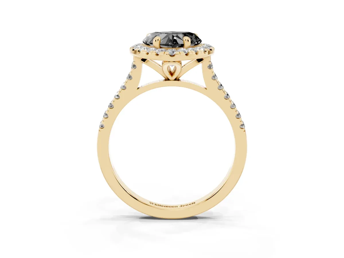 Fancy Black Heart Cut Diamond Cushion Halo Ring with Pavé Band Yellow gold