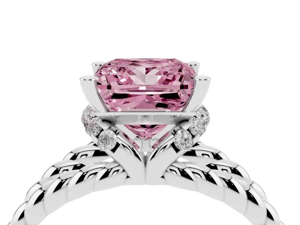Fancy Pink Princess Cut Halo Twisted Band Four-Prong Ring Silver