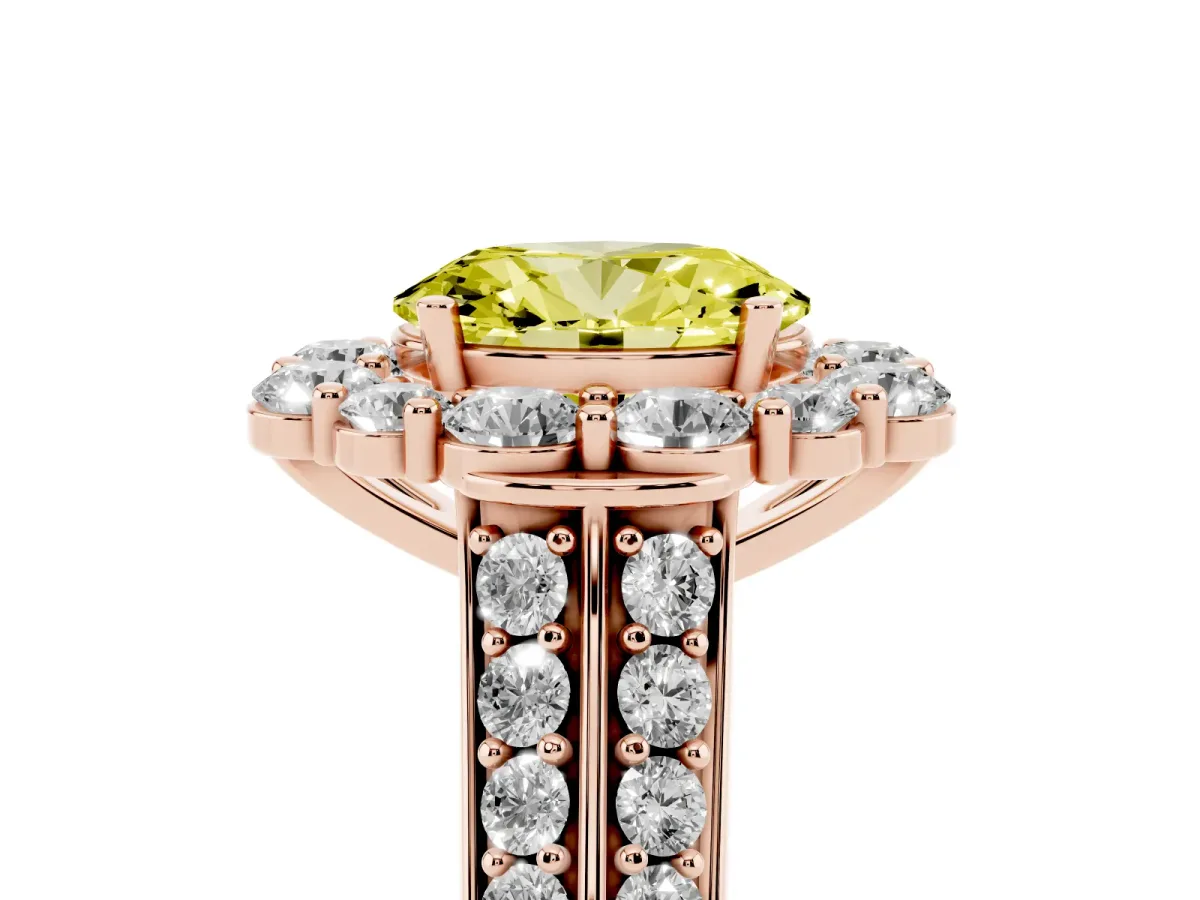 Fancy Yellow Oval Cut Halo Diamond Engagement Ring with Split Shank and Prong Setting Rose gold