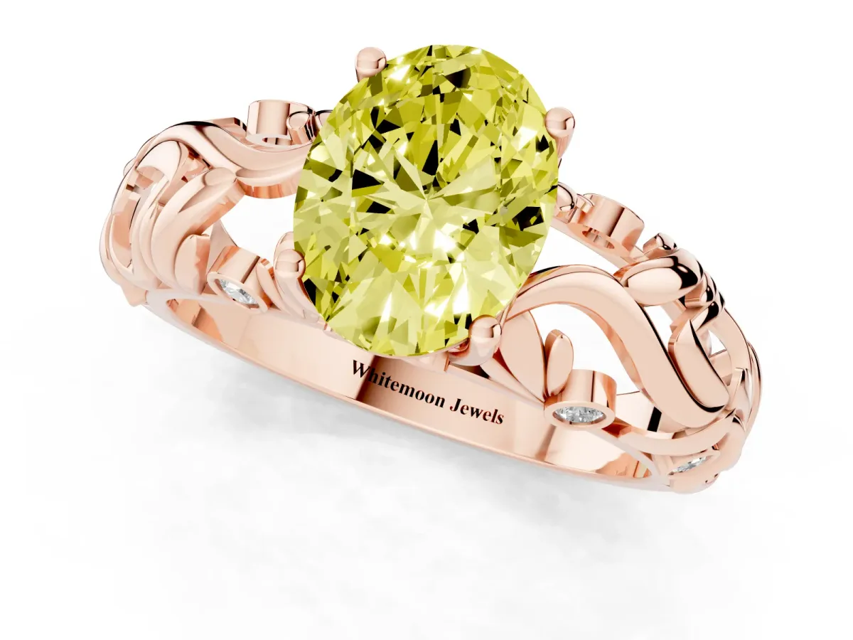 Fancy Yellow Oval Cut Solitaire Diamond Leaf-Inspired Vine Band Ring with Prong Setting Rose gold
