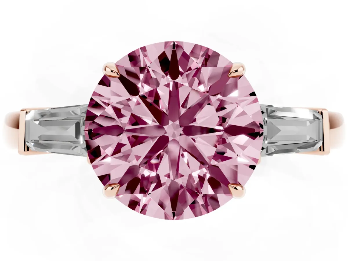 Fancy Pink Round Cut Diamond Three-Stone Ring with Tapered Baguette Side Stones and Prong Setting Rose gold