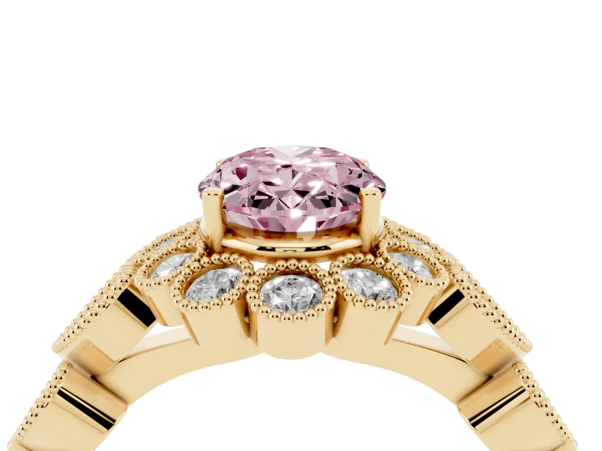 Fancy Pink Oval Cut Brilliant Milgrain Pave Heart Band Solitaire Ring Yellow gold