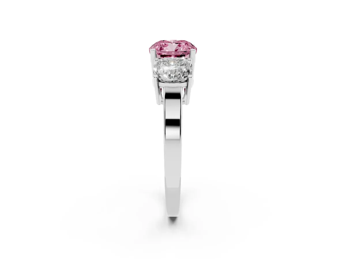 Fancy Pink Three-Stone Cushion Cut Cut Diamond Engagement Ring with Flat Band and Four-Prong Setting Silver