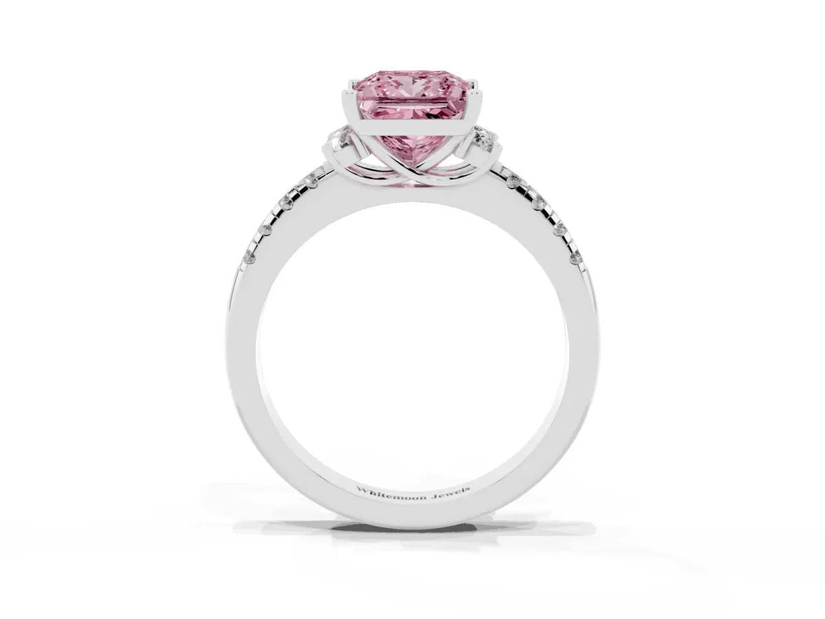 Fancy Pink Princess Cut Diamond Three-Stone Pave Band with Four-Prong Setting Silver