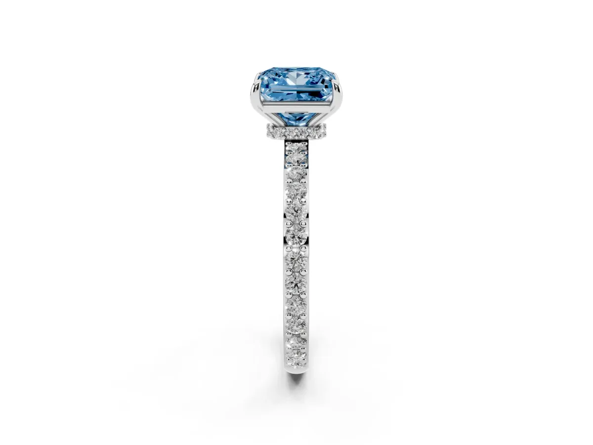 Fancy Blue Princess Cut Diamond Pavé Engagement Ring with Round Accents and Prong Setting Platinum