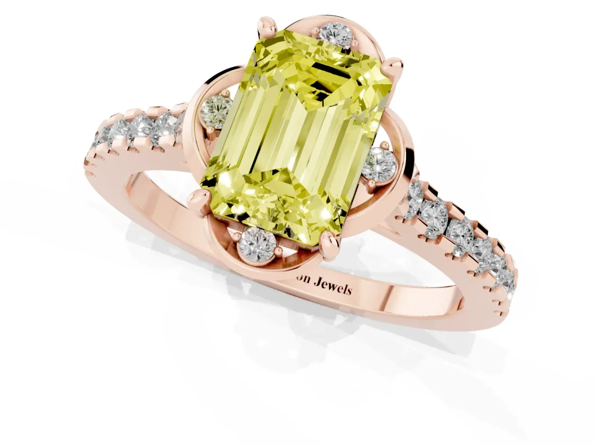 Fancy Yellow Emerald Cut Diamond Ring with Pavé Band and Floral Prong Setting Rose gold