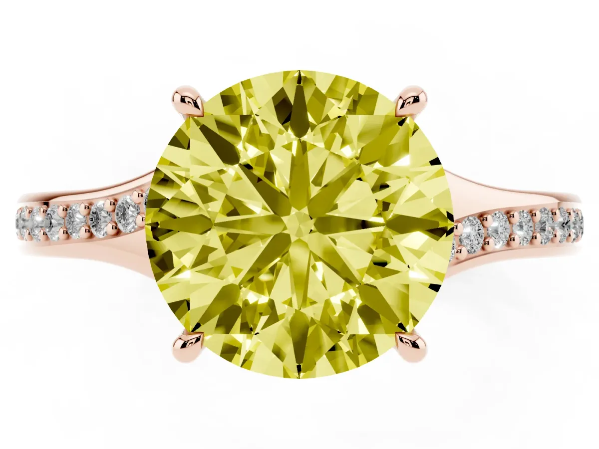 Fancy Yellow Round Cut Diamond Solitaire Ring with Pavé Band and Prong Setting Rose gold