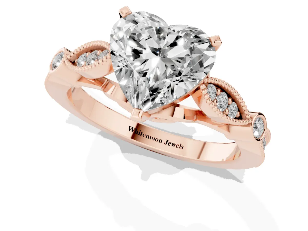 Heart Cut Cut Diamond with Milgrain Marquise and Bezel Accents on a Solitaire Band with Prong Setting Rose gold