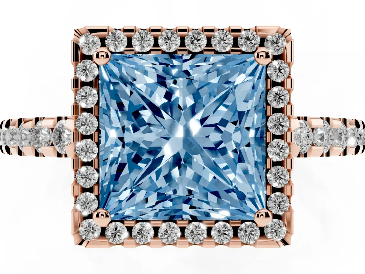 Fancy Blue Princess Cut Diamond Halo Engagement Ring with Pavé Band and Prong Setting Rose gold