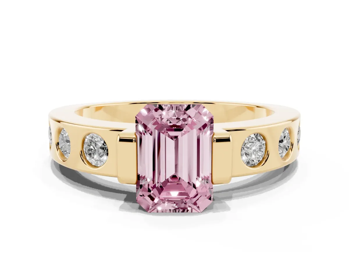 Fancy Pink Emerald Cut Brilliant Channel-Set Diamond Ring with Bezel Prong Setting Yellow gold