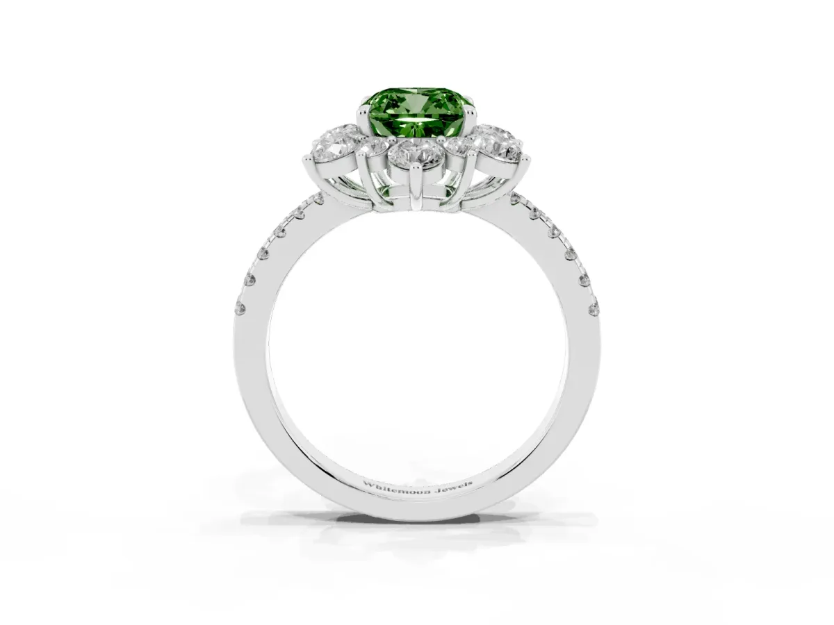 Fancy Green Cushion Cut Diamond Floral Halo Ring with Round Pavé Band and Prong Setting Silver