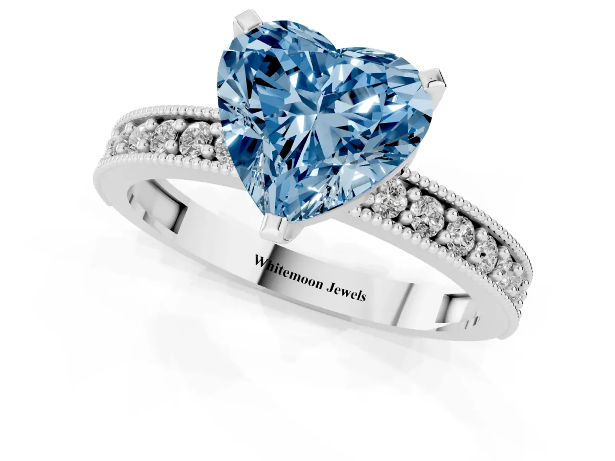 Fancy Blue Heart Cut Diamond Milgrain Pavé Engagement Ring with Four-Prong Setting Silver