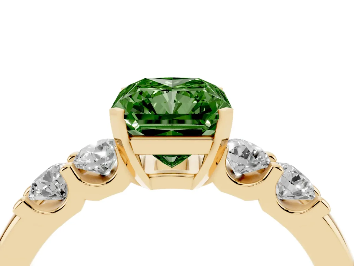 Fancy Green Radiant Cut Brilliant Cut Diamond Five-Stone Prong Set Engagement Ring with Channel Band Yellow gold
