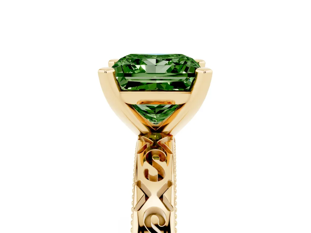 Fancy Green Princess Cut Solitaire Engagement Ring with Scrollwork Band and Four-Prong Setting Yellow gold