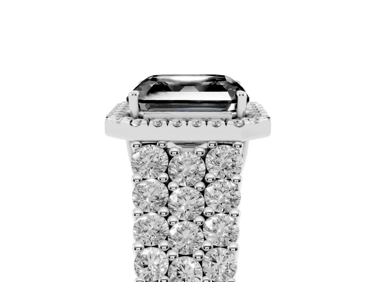 Fancy Black Asscher Cut Diamond Halo Engagement Ring with Triple Row Round Pavé Band and Prong Setting Silver