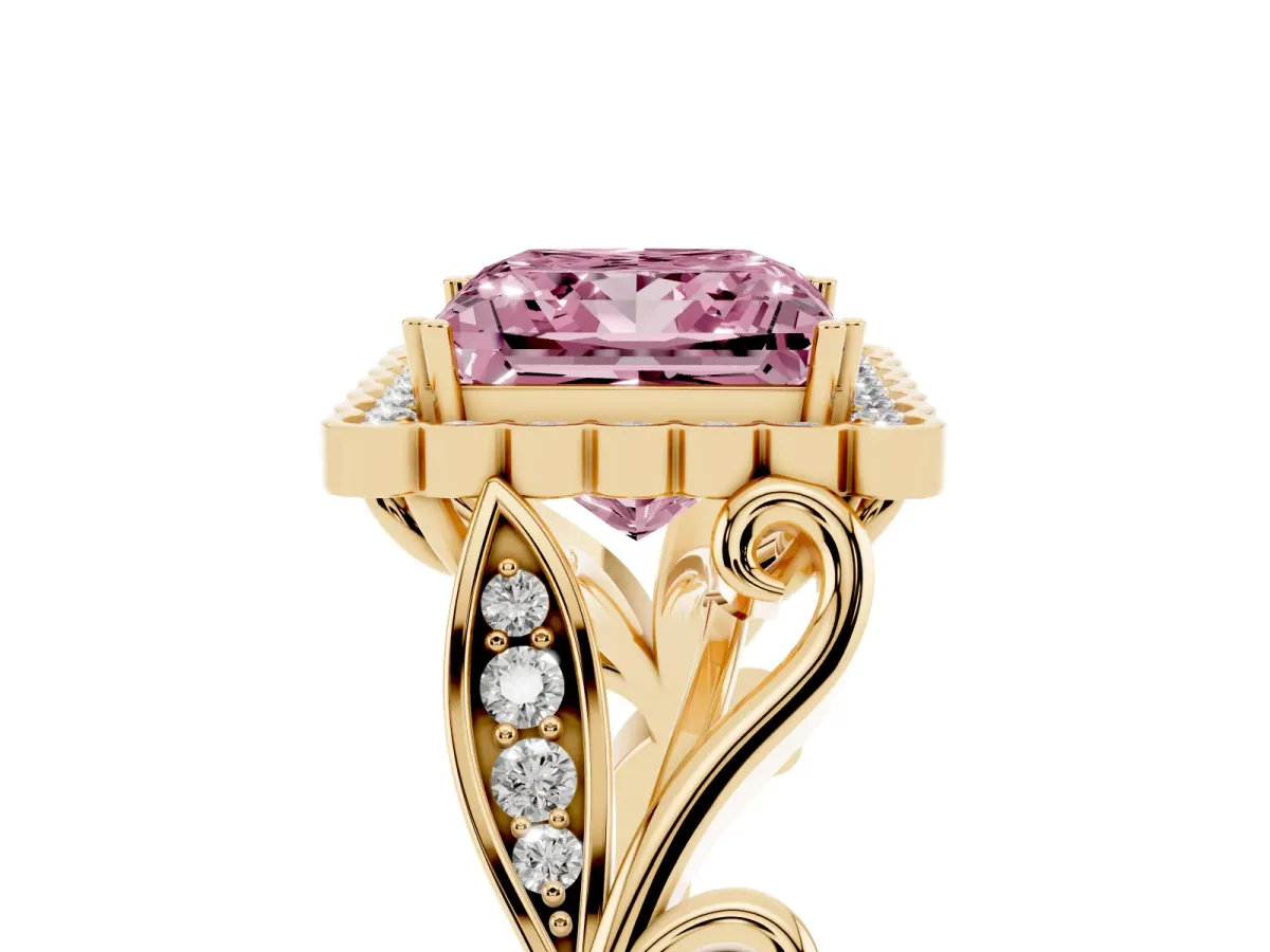 Fancy Pink Princess Cut Diamond Halo Ring with Vintage Split Shank and Four-Prong Setting Yellow gold