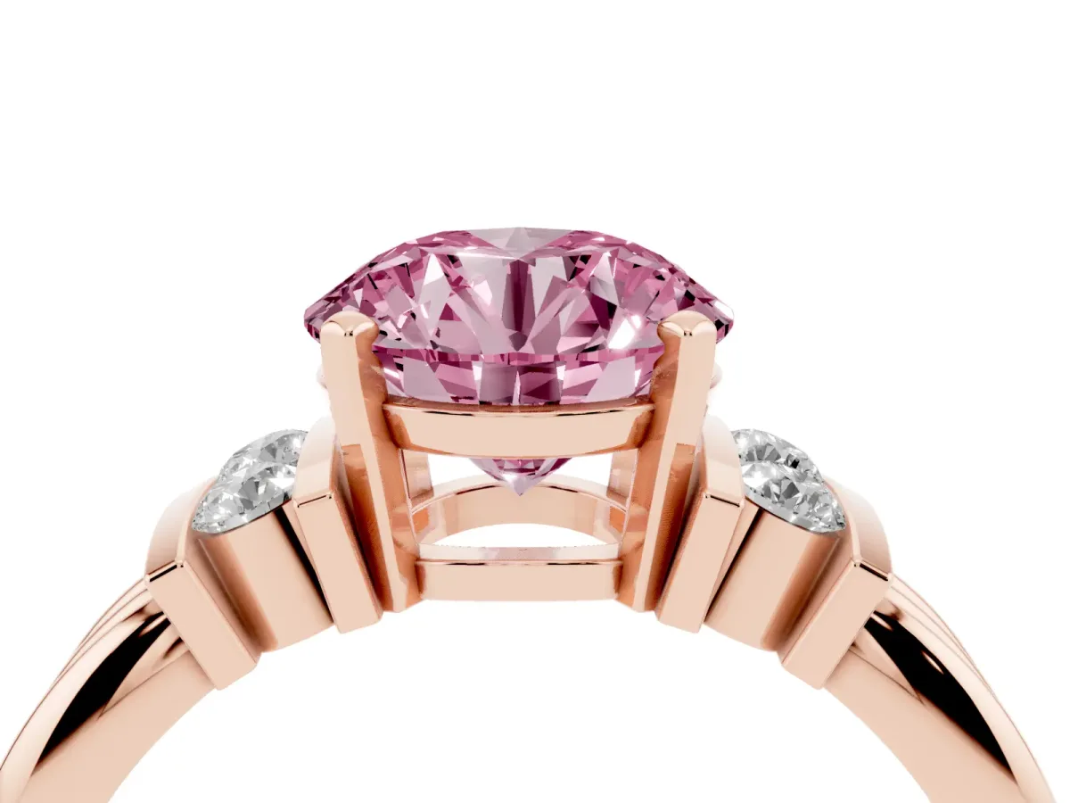 Fancy Pink Round Cut Cut Three-Stone Channel Set Ring with Bar Prongs Rose gold