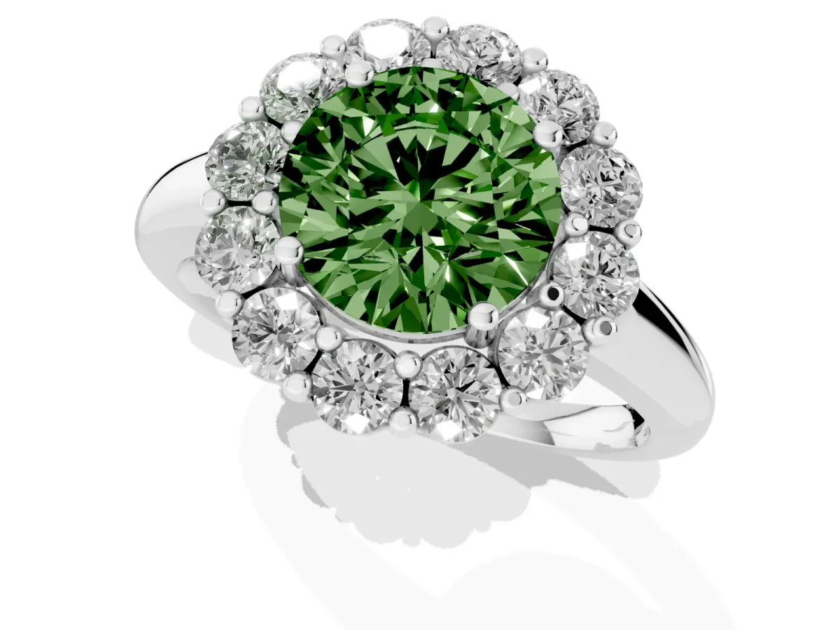 Fancy Green Round Cut Halo Cluster Diamond Engagement Ring with Prong Setting and Polished Band Silver