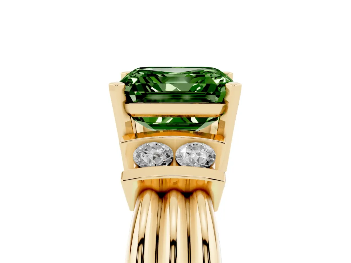 Fancy Green Asscher Cut Cut Three-Stone Channel Set Ring with Bar Prongs Yellow gold