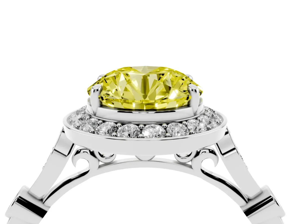 Fancy Yellow Round Cut Halo Diamond Engagement Ring with Twisted Band and Four-Prong Setting Platinum