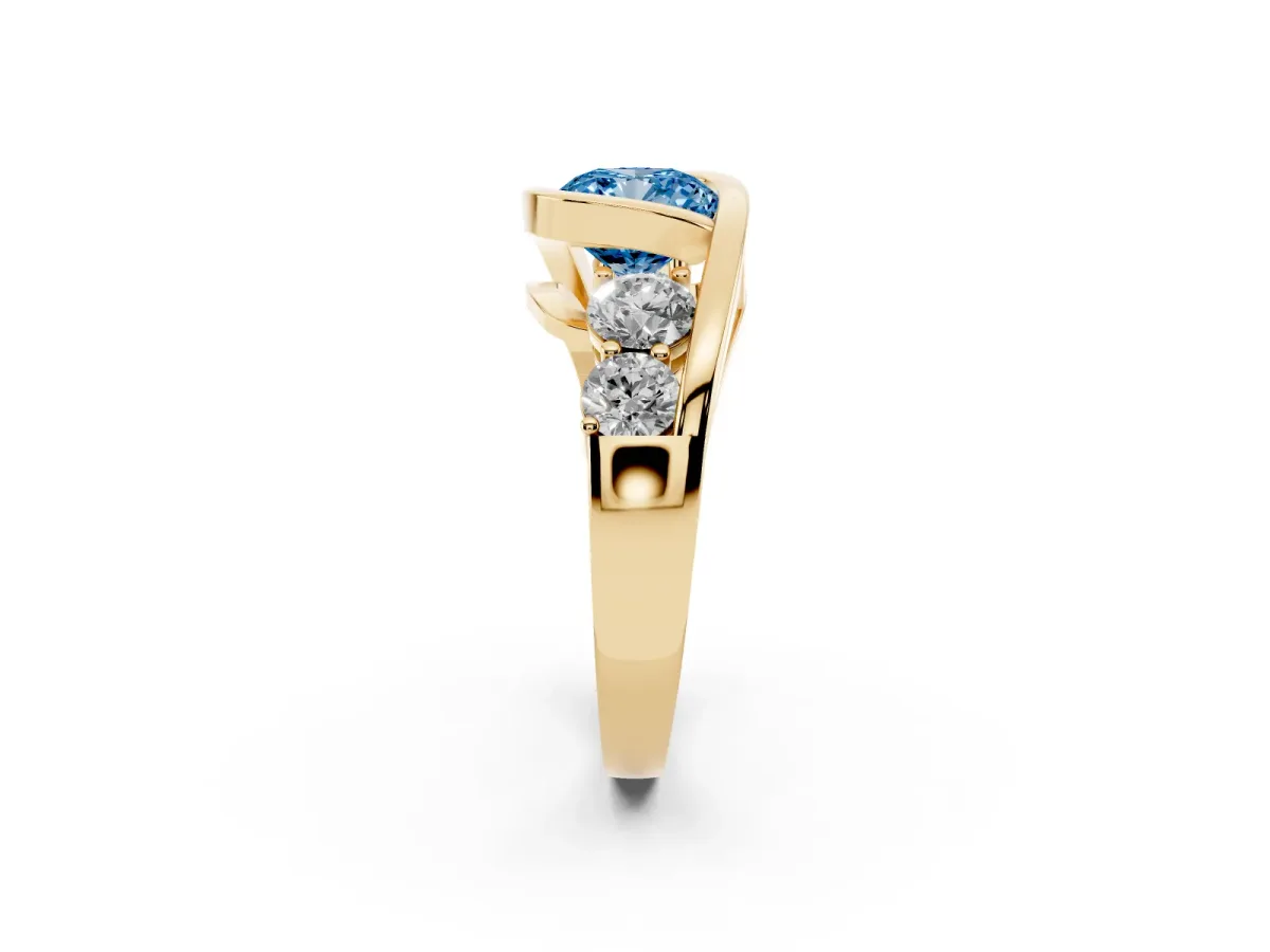 Fancy Blue Bezel Set Cushion Cut Diamond Bypass Ring with Round Accents Yellow gold