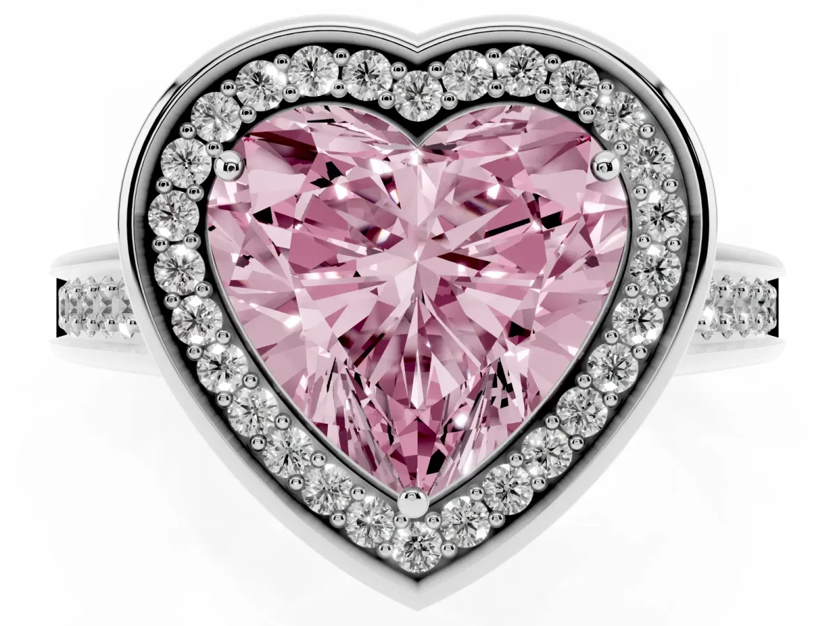 Fancy Pink Heart Cut Halo Solitaire Diamond Ring with Pave Band and Bezel Setting Silver