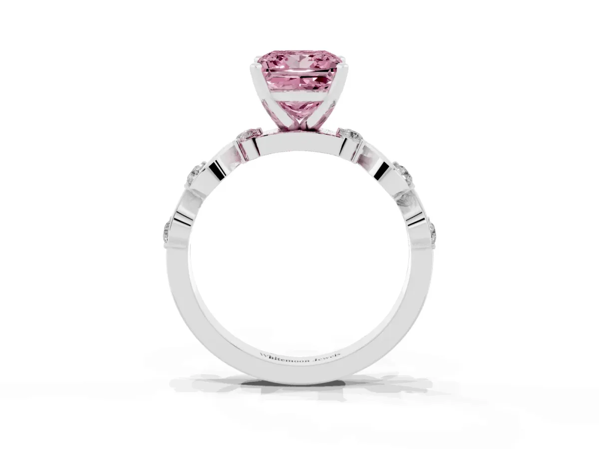 Fancy Pink Princess Cut Diamond Solitaire Twisted Band with Round Accents and Prong Setting White gold
