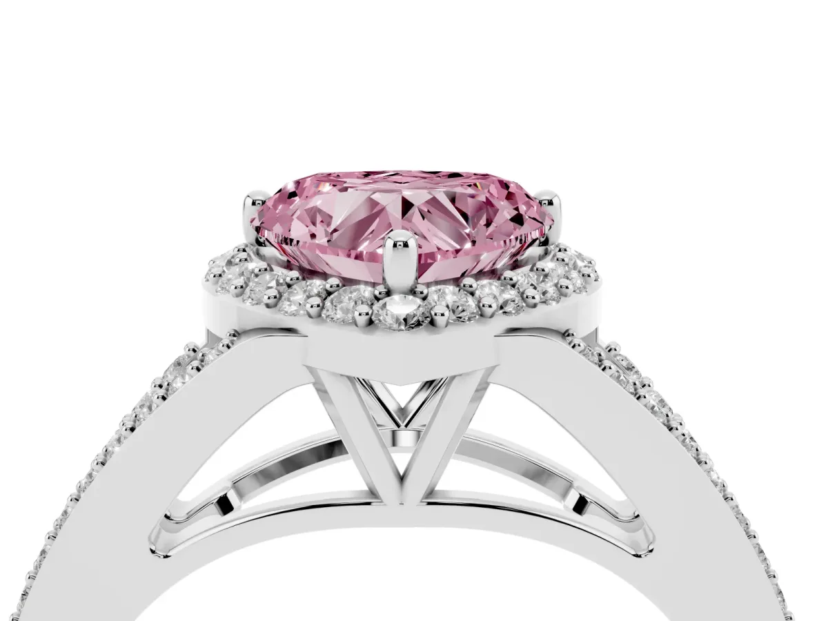 Fancy Pink Heart Cut Halo Split Shank Diamond Ring with Prong Setting Silver