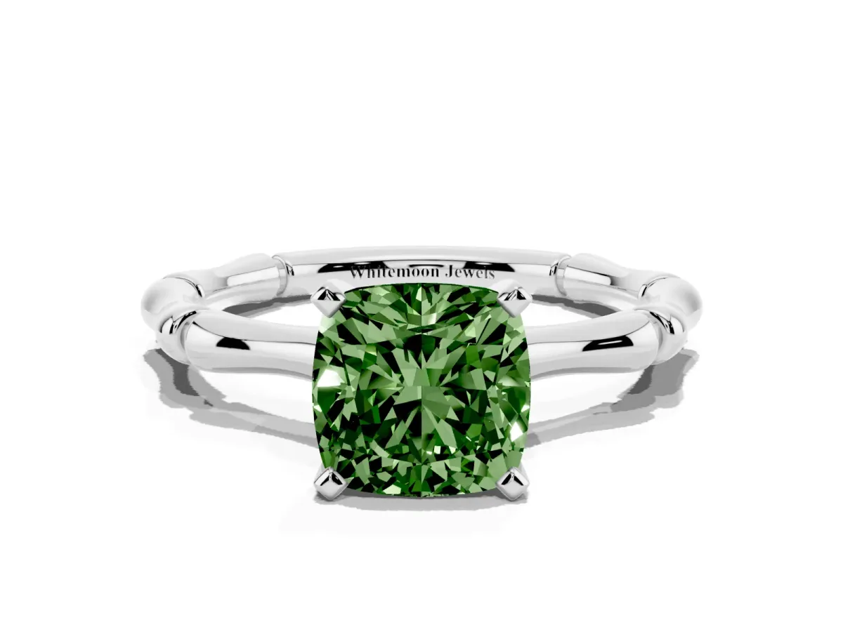 Fancy Green Cushion Cut Solitaire Diamond Ring with Bamboo Band and Four-Prong Setting Silver