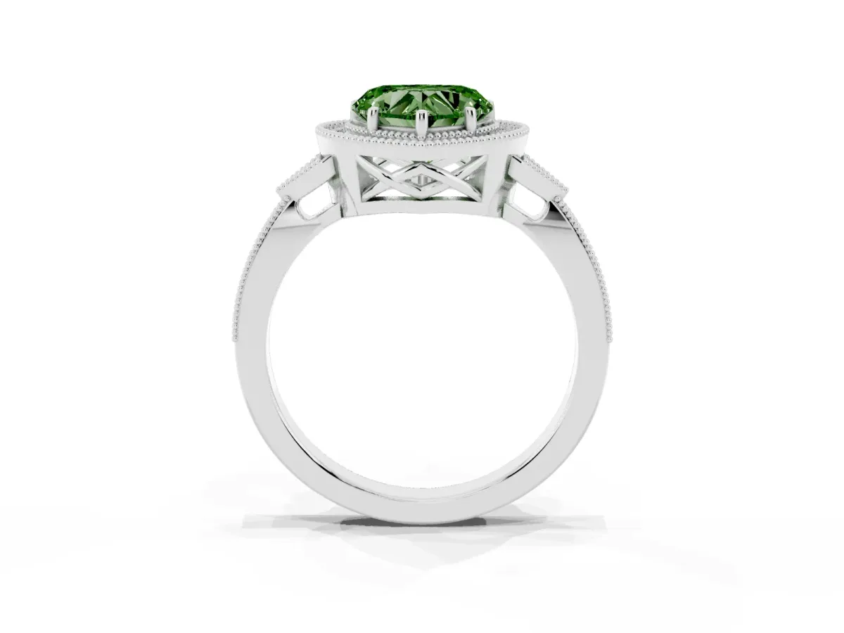 Fancy Green Heart Cut Halo Round Diamond Milgrain Pave Engagement Ring Platinum