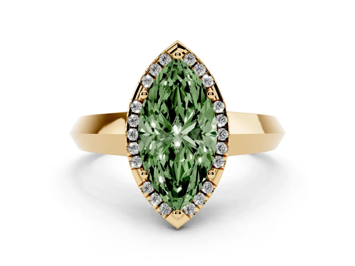 Fancy Green Marquise Cut Halo Diamond Ring with Cathedral Band and Four-Prong Setting Yellow gold