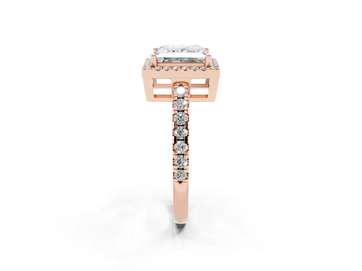 Princess Cut Diamond Halo Ring with Pavé Band and Four-Prong Setting Rose gold