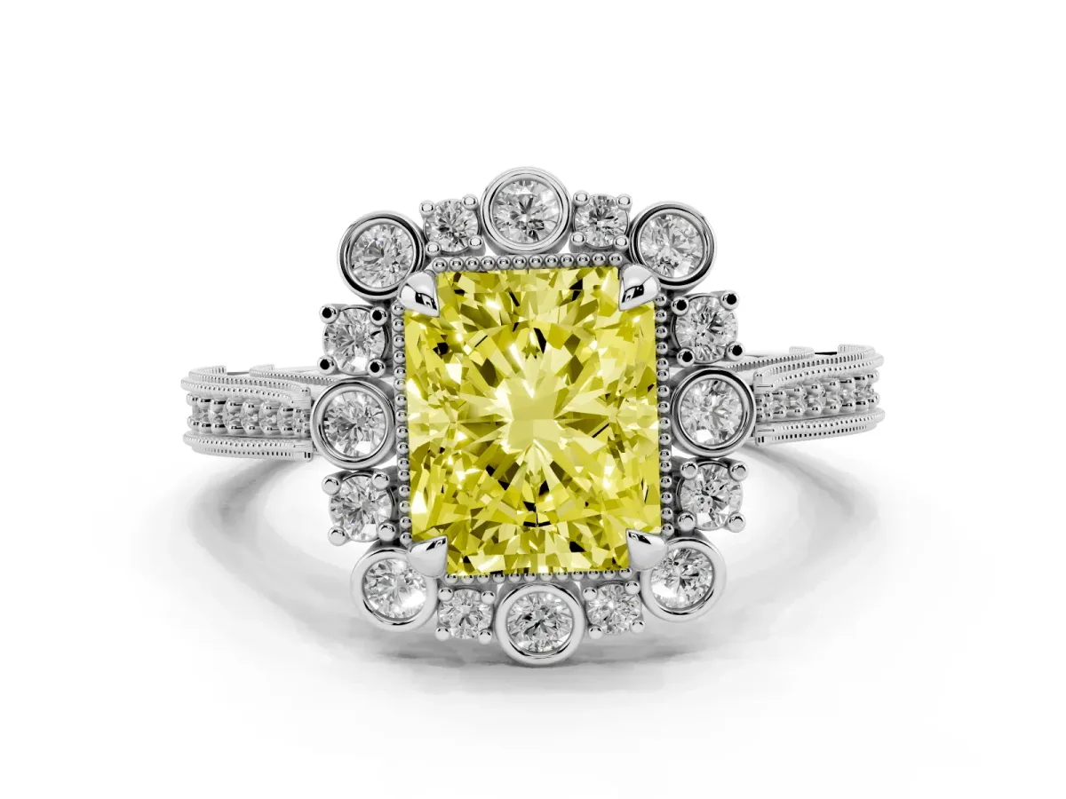 Fancy Yellow Radiant Cut Halo Milgrain Pave Diamond Ring with Four-Prong Setting White gold