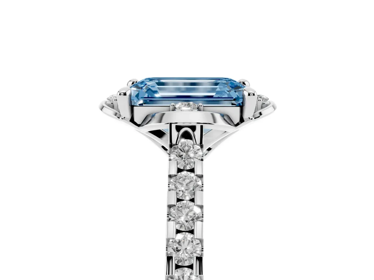 Fancy Blue Emerald Cut Diamond Ring with Pavé Band and Floral Prong Setting Silver