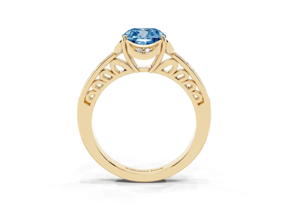 Fancy Blue Cushion Cut Cut Halo Diamond Ring with Channel Set Band and Four-Prong Setting Yellow gold