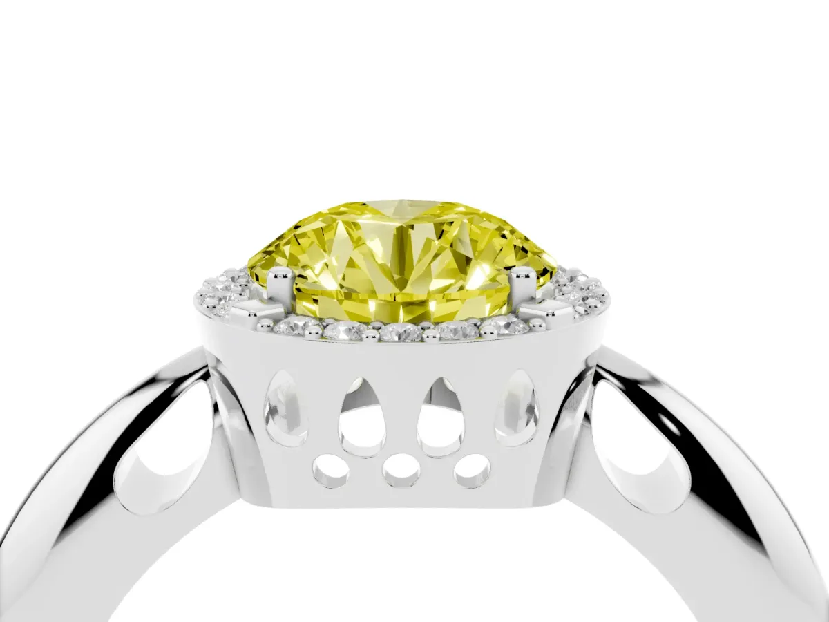 Fancy Yellow Round Cut Cut Diamond Halo Engagement Ring with Split Shank and Four-Prong Setting Silver