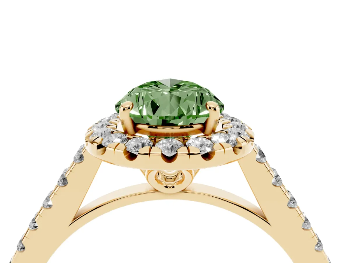 Fancy Green Pear Cut Halo Pavé Diamond Engagement Ring with Four-Prong Setting Yellow gold