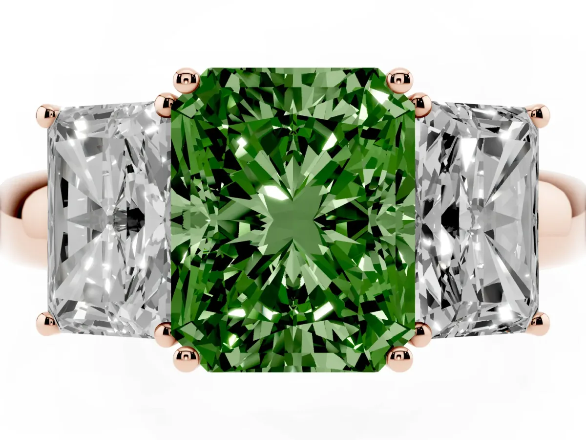 Fancy Green Radiant Cut Diamond Three-Stone Ring with Four-Prong Setting and Classic Band Rose gold