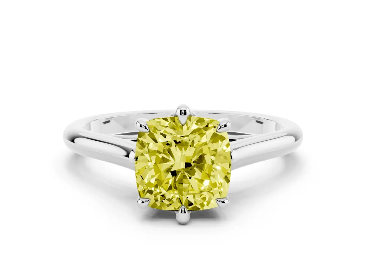 Fancy Yellow Cushion Cut Solitaire Engagement Ring with Six-Prong Setting and Classic Band Platinum
