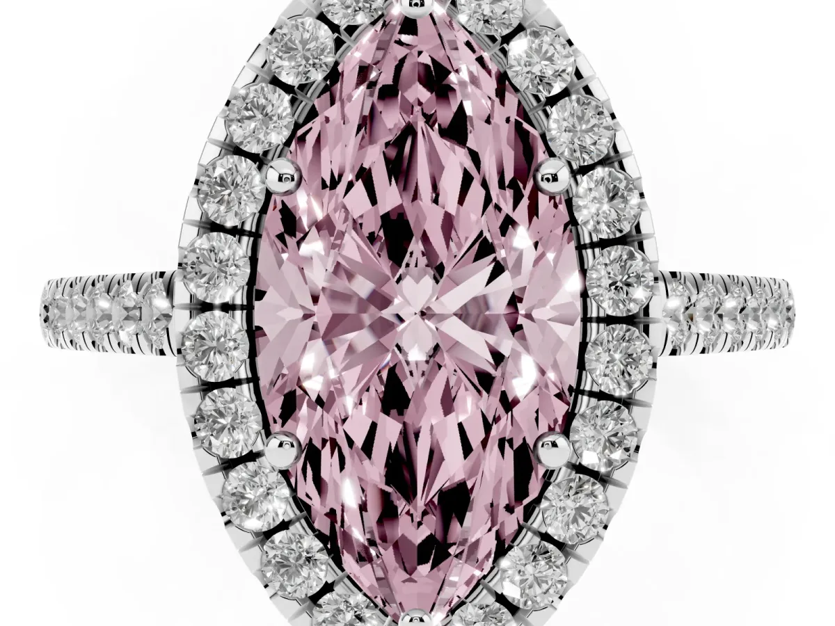 Fancy Pink Marquise Cut Halo Pavé Diamond Engagement Ring with Four-Prong Setting Platinum