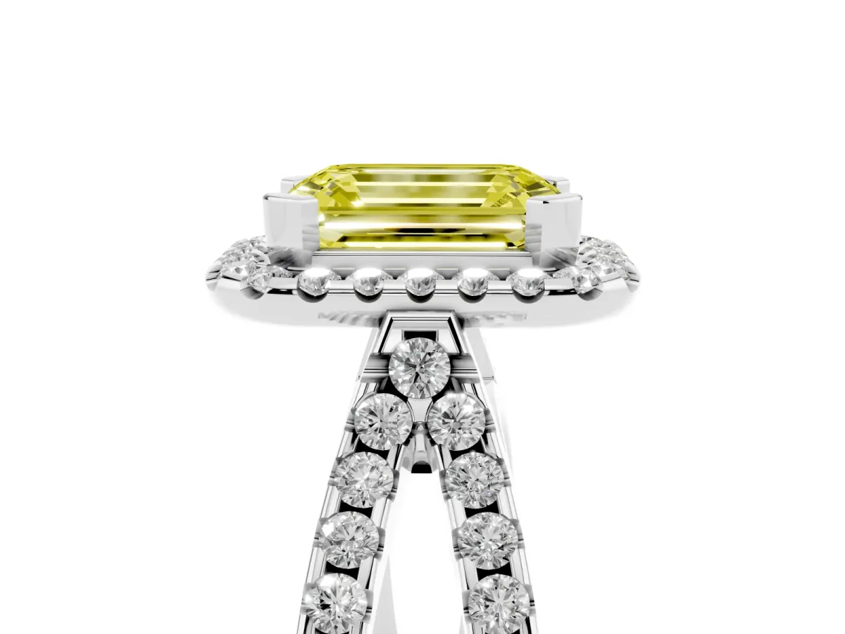 Fancy Yellow Emerald Cut Diamond Halo Ring with Split Shank Pavé Band and Prong Setting Silver